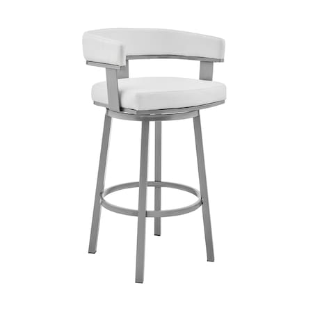 Armen Living Cohen 30" Bar Height Swivel Bar Stool in Silver Finish with White Faux Leather 721535761999